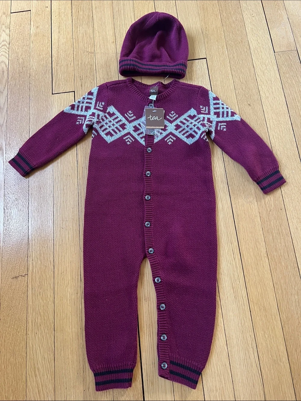 Tea Collection Knit Christmas Romper Set 100% Cotton Burgundy Maroon 12-18M NWT